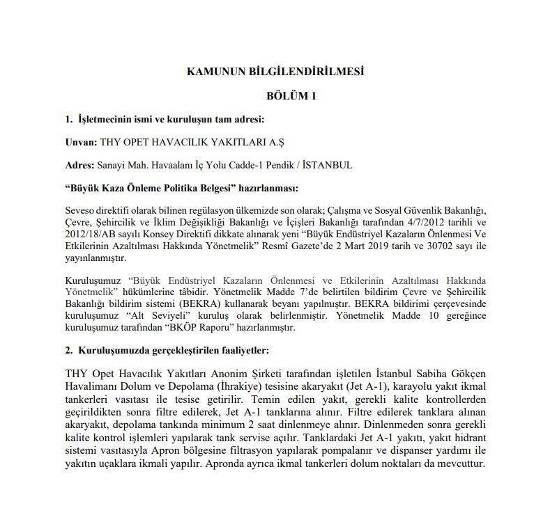 THY OPET Sabiha Gökçen Havalimanı - Kamunun Bilgilendirilmesi