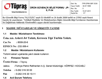 JP8 ÜRÜN GÜVENLİK BİLGİ FORMU (MSDS)